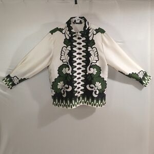 Zara Women's Medium White & Green Floral Button Down Shirt